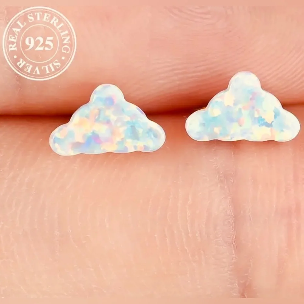 White Opal Cloud~ Rainbow Flash Iridescent Glittery Cumulus Sky Weather 925 Stud